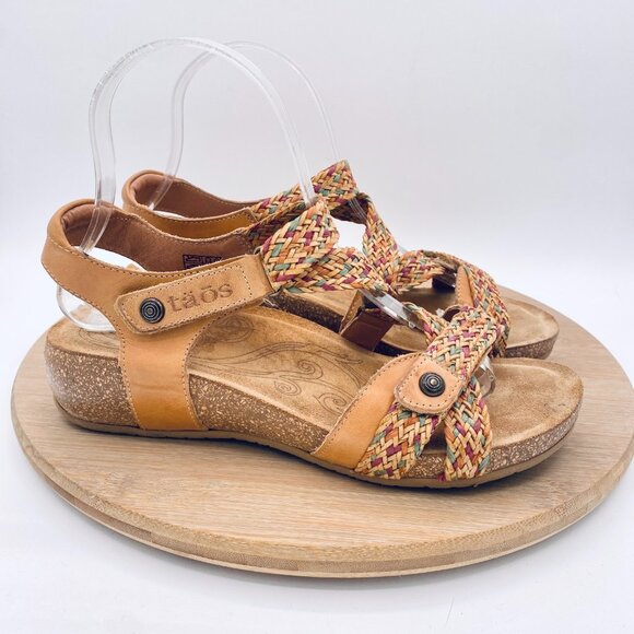 Taos Trulie Sandals Womens 7/7.5 Tan Leather Ankle Strap Orthotic Flats Peep - Picture 7 of 11
